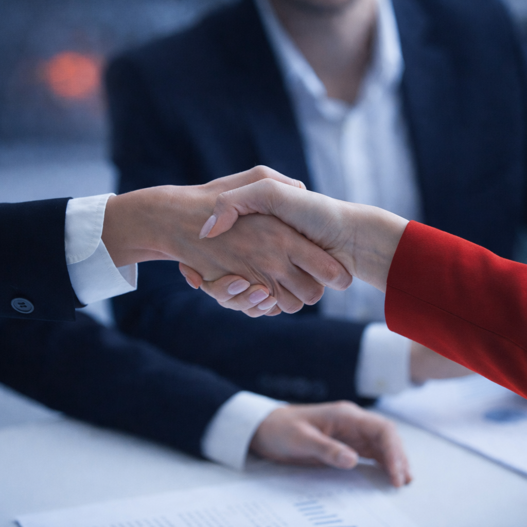 Close-up of two people shaking hands across a desk while a colleague sits blurred in the background.