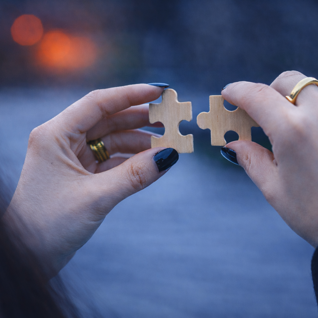 Systems integration visual - Close-up of hands holding two wooden puzzle pieces just before they connect.