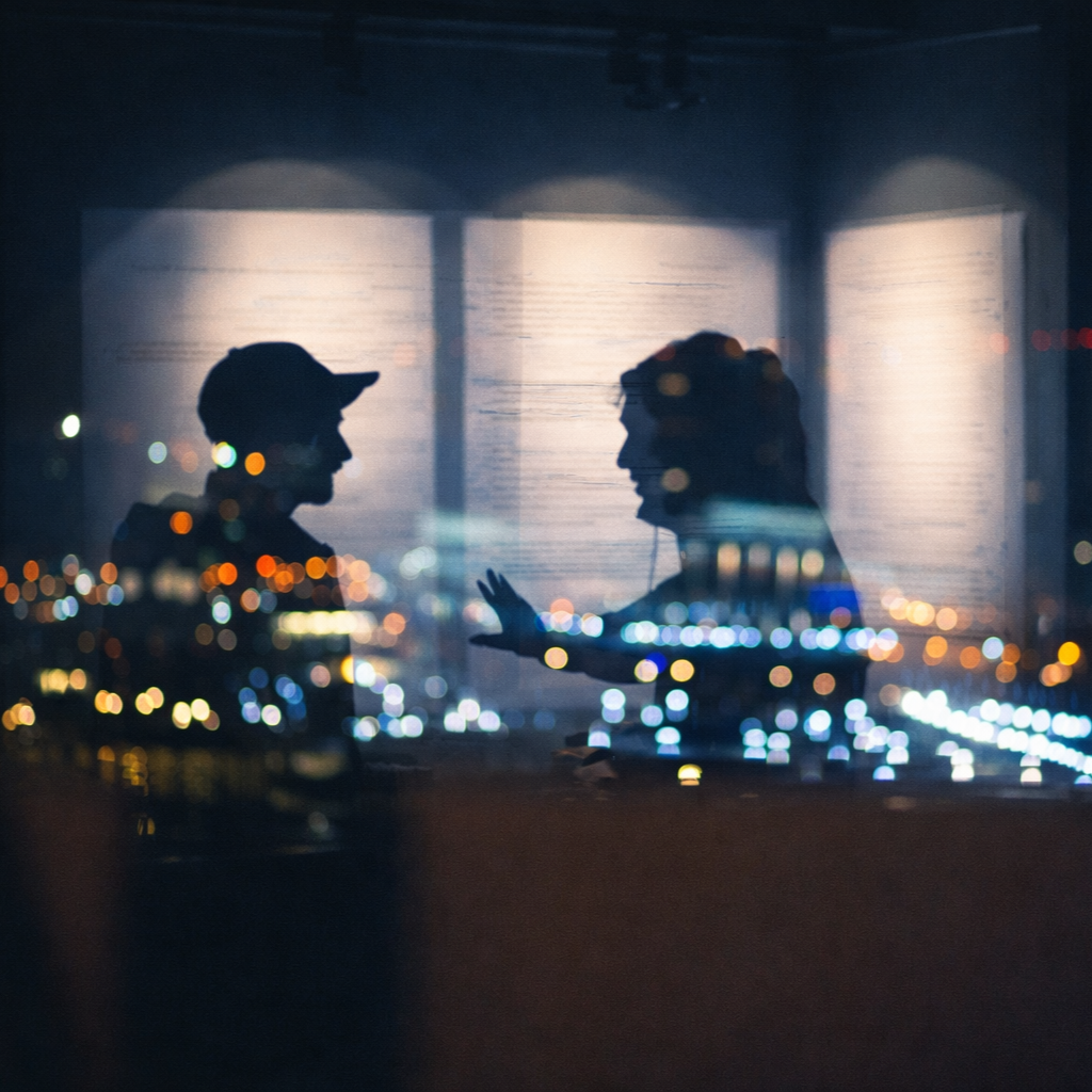 Silhouettes of two people talking by a window with blurred city lights reflected across the scene.